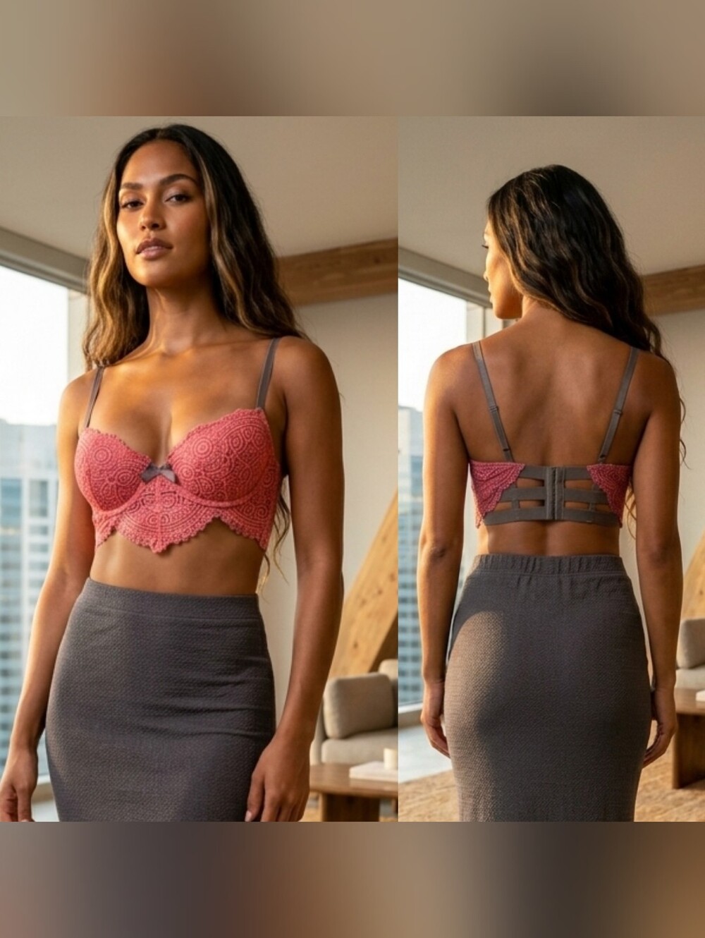 UNDIZ Floral Lace Longline Bustier Bra | Burgundy & Black | 34C / 85C